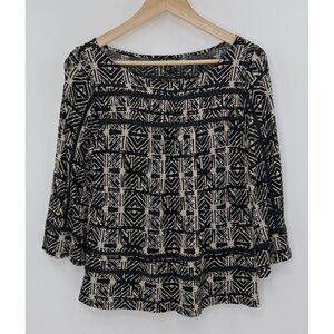 Lucky Brand Black & Tan Cross Hatch Geometric Printed 3/4 Sleeve‎ Blouse M Boho